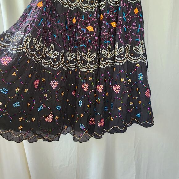 Alka Vora Maxi Skirt 100% Silk Embroidered Gypsy One Size Black Tiered Boho New - Picture 3 of 12